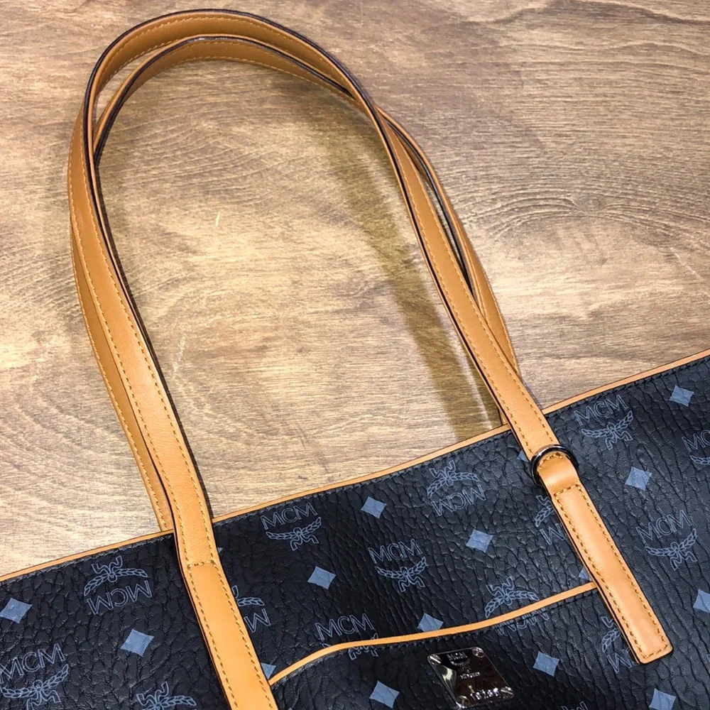 Black Patterned Tote Bag with Tan Handles